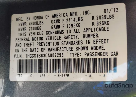 2012 Honda Accord 2.4 Ex-L z USA, uszkodzony, nr VIN 1HGCS1B83CA007296